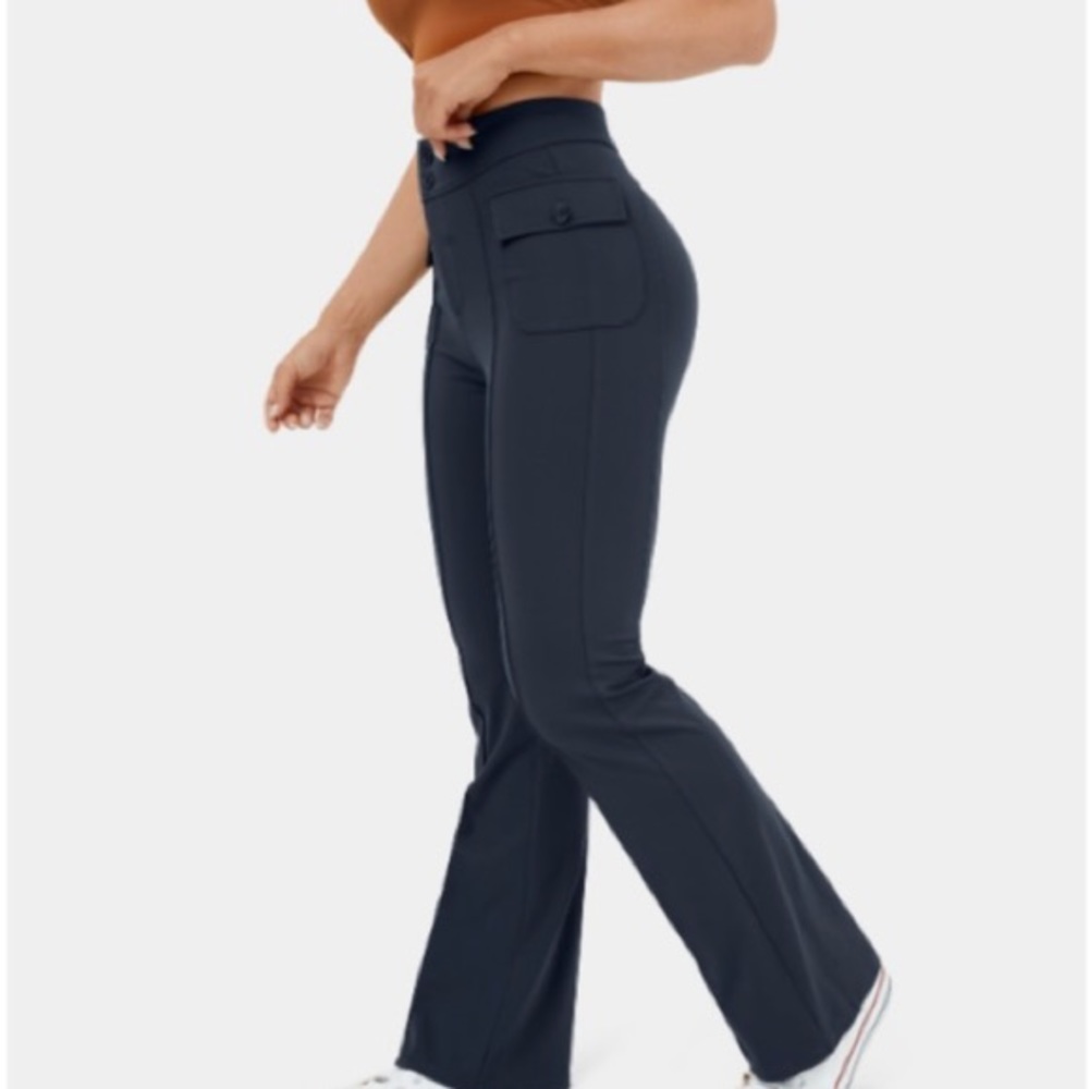 High waisted Button Side Flap Pocket Flare Casual Pants in Oceana